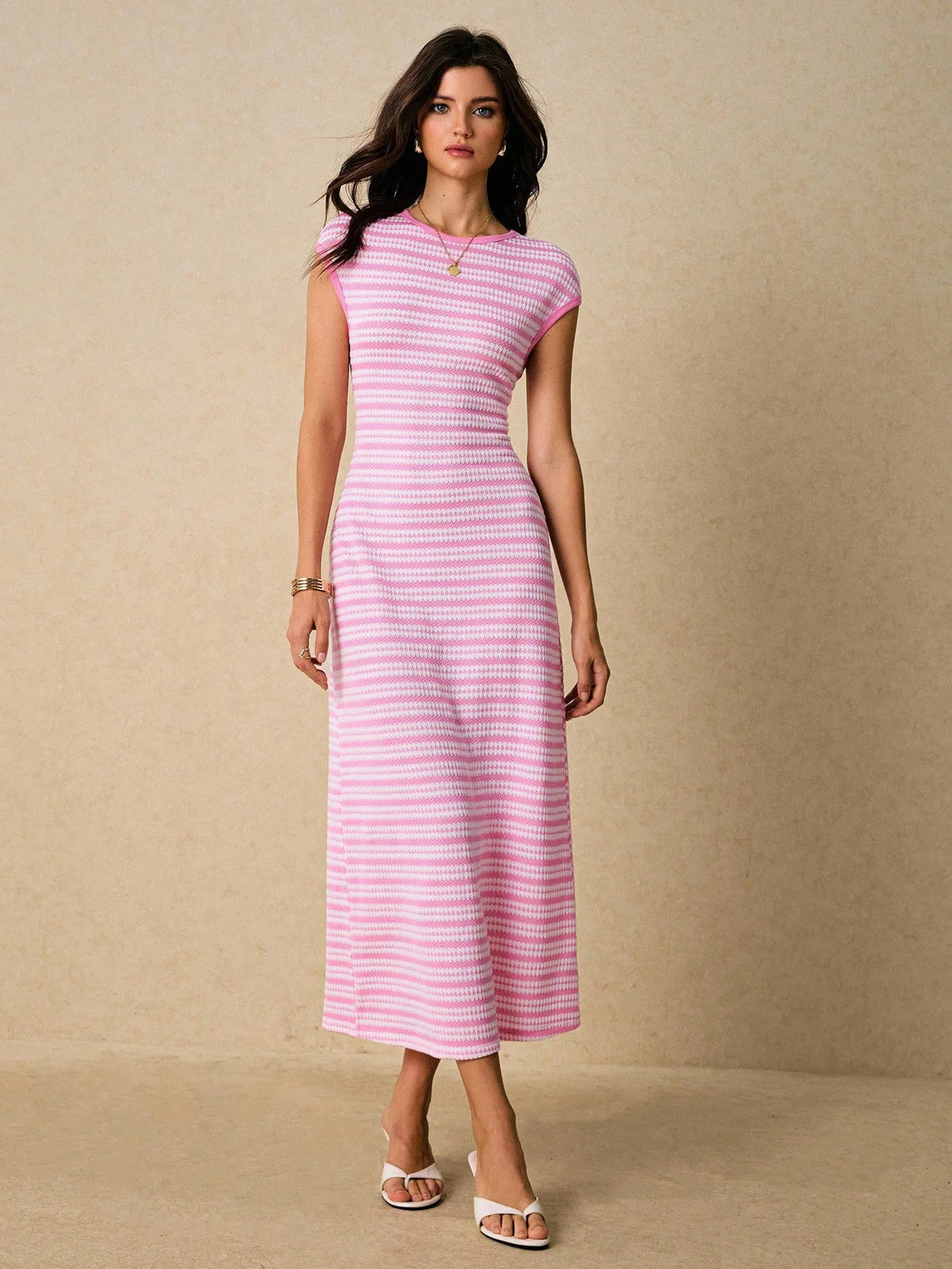 Striped Waist-Cinch Knitted Midi Dress
