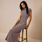 Striped Waist-Cinch Knitted Midi Dress
