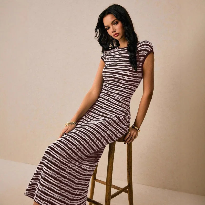 Striped Waist-Cinch Knitted Midi Dress