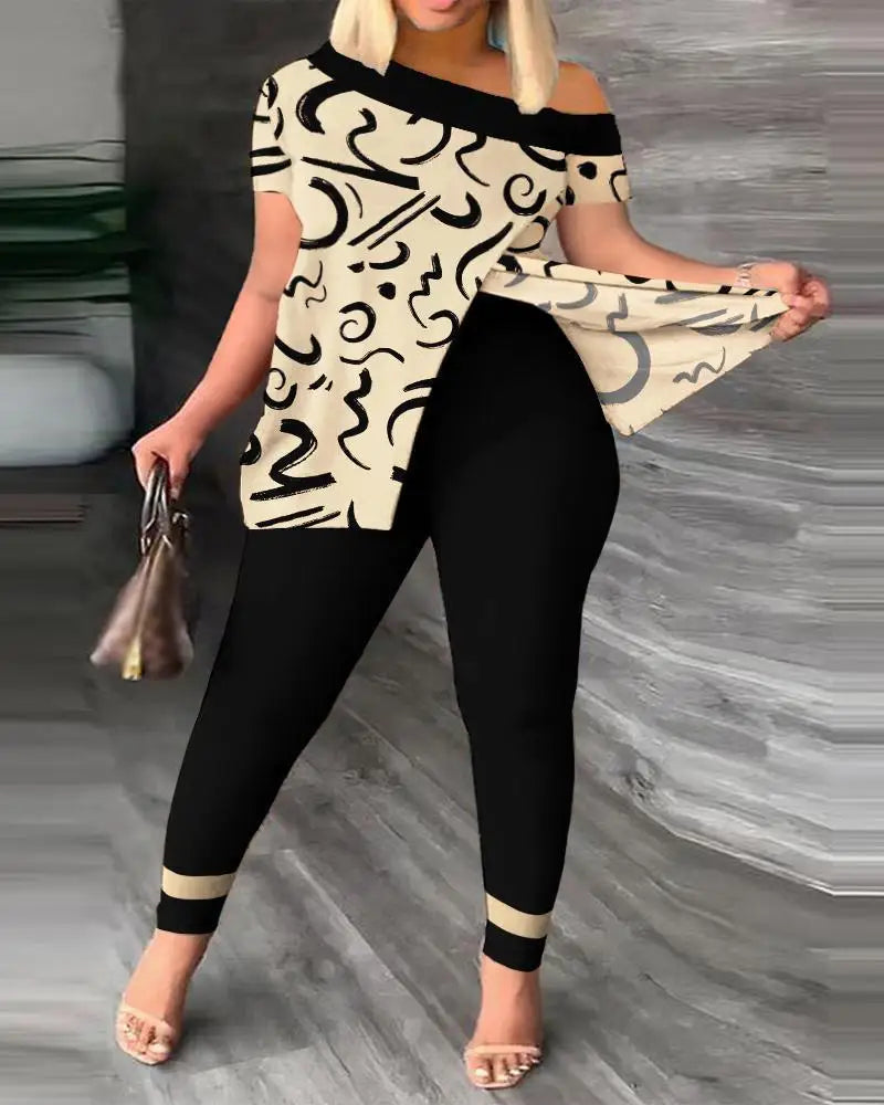 Graphic Print Off-Shoulder Top & Legging Set