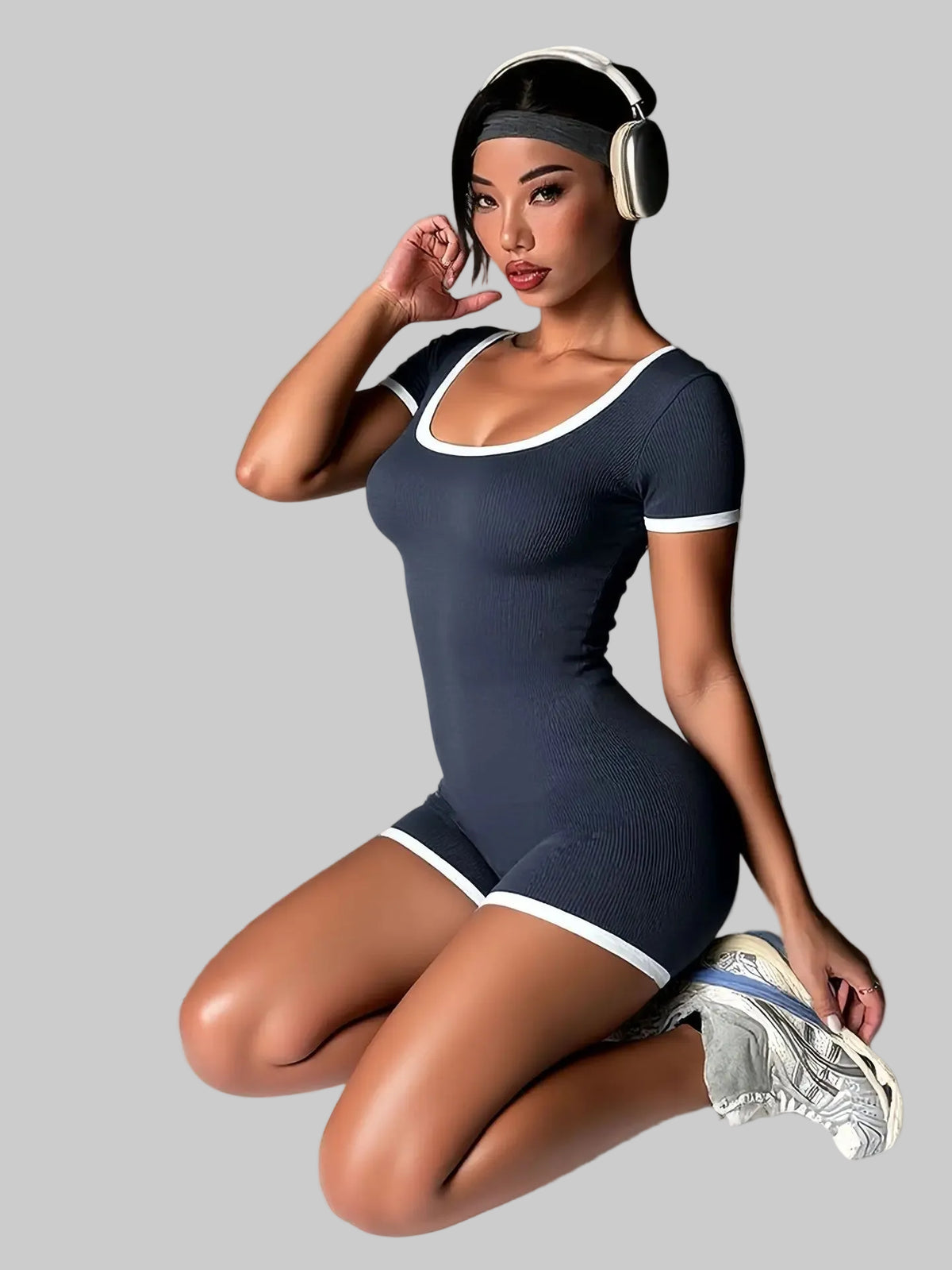 Ribbed Contrast Trim Workout Romper