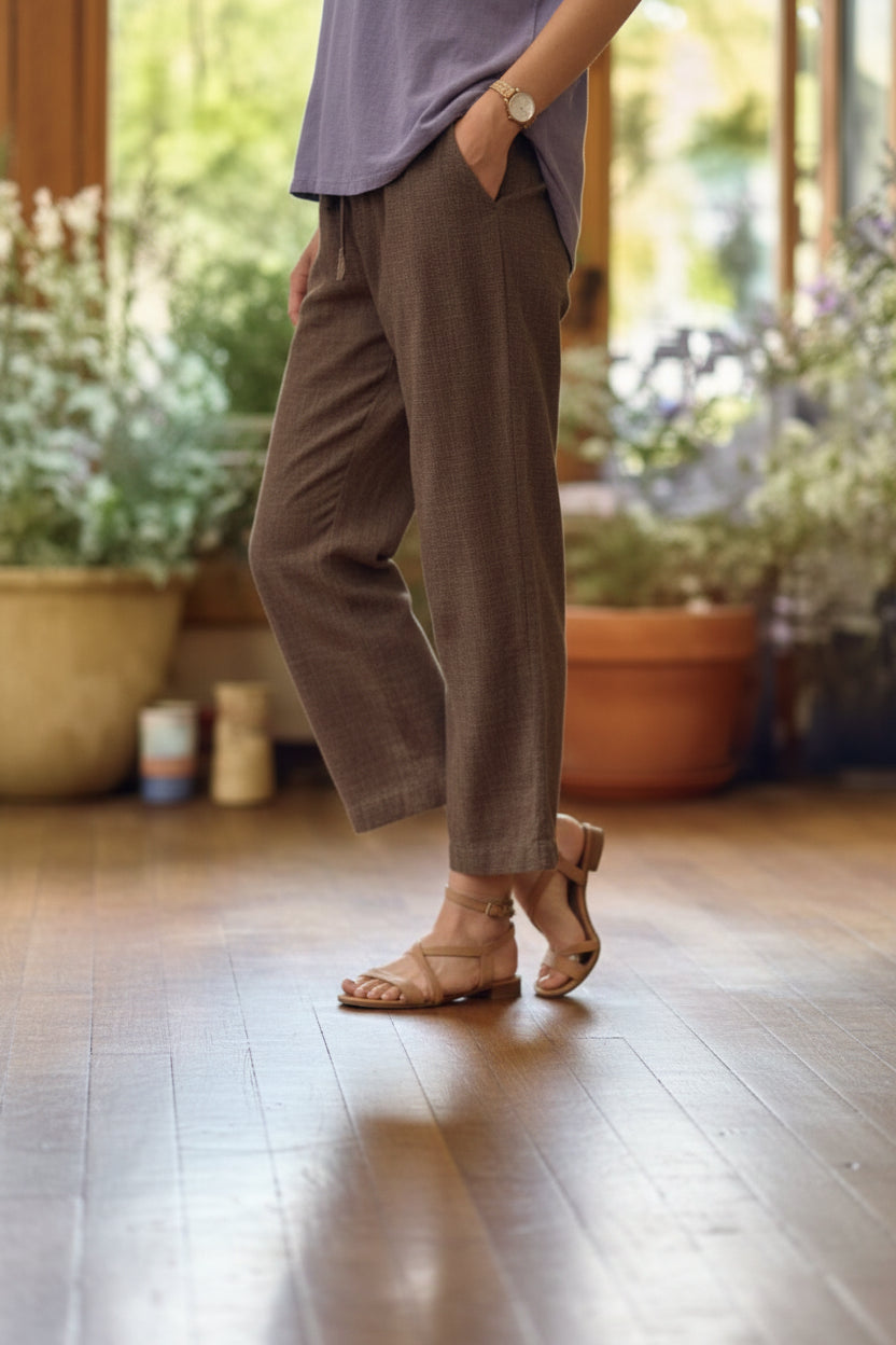 Cotton Linen Straight Leg Trousers with Pockets