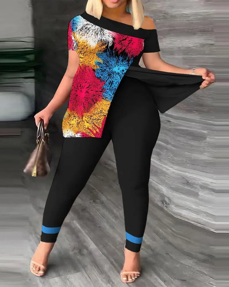 Graphic Print Off-Shoulder Top & Legging Set