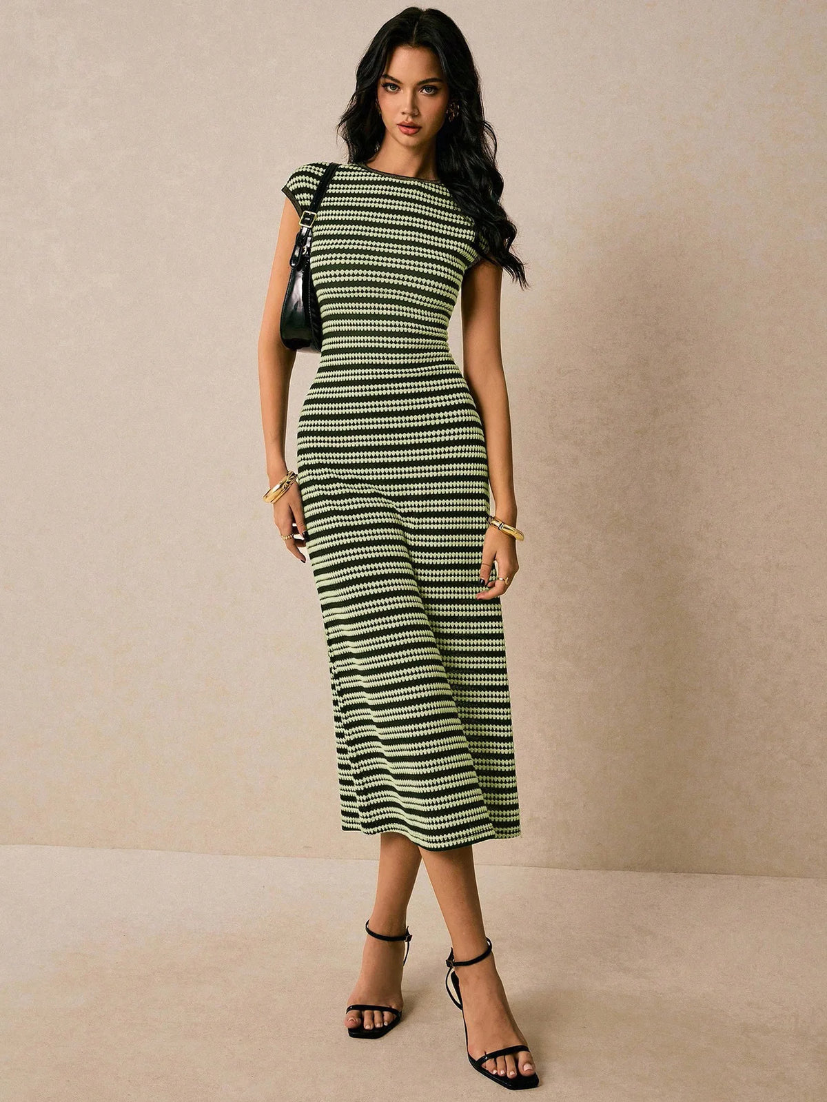 Striped Waist-Cinch Knitted Midi Dress