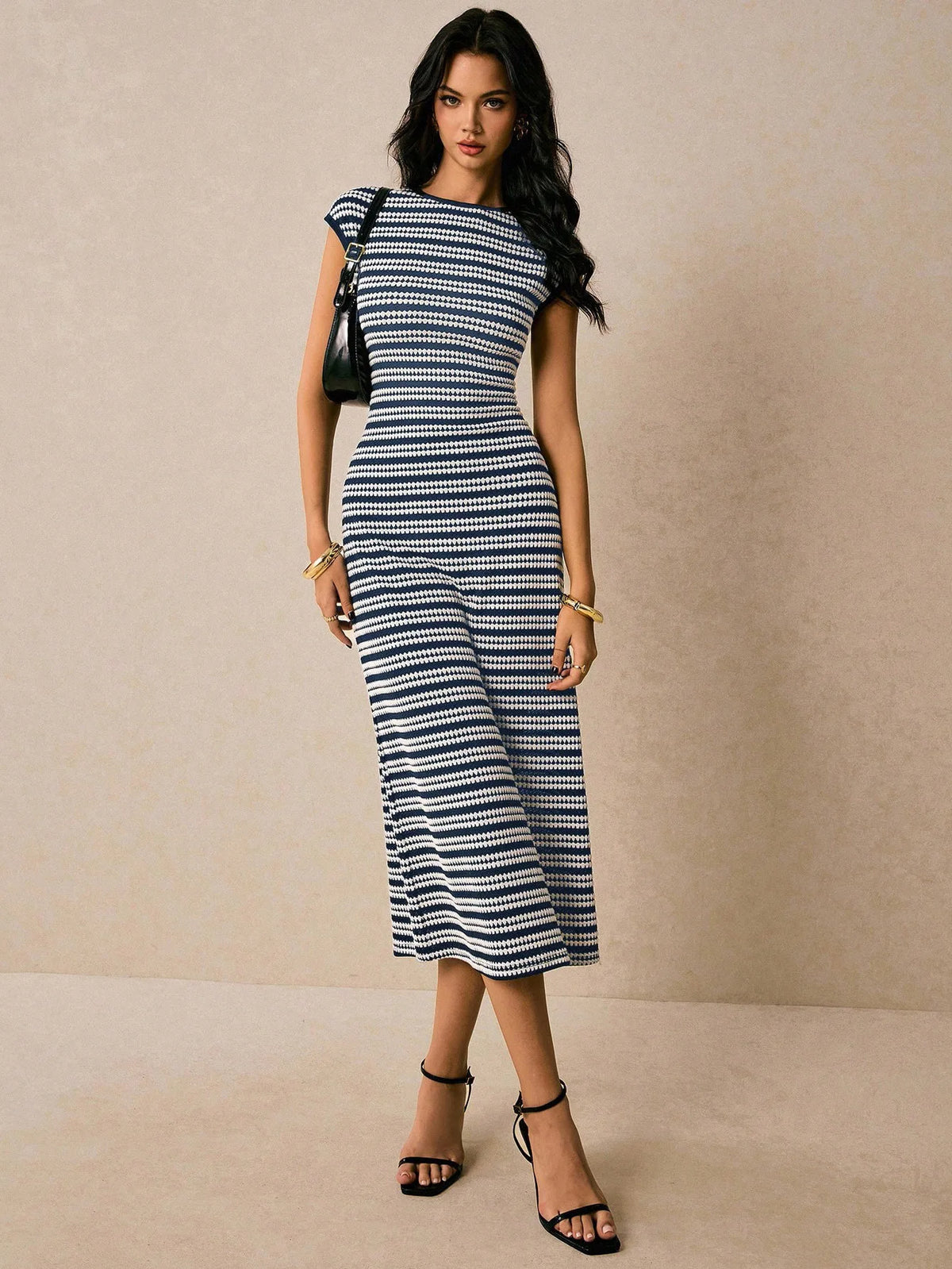 Striped Waist-Cinch Knitted Midi Dress