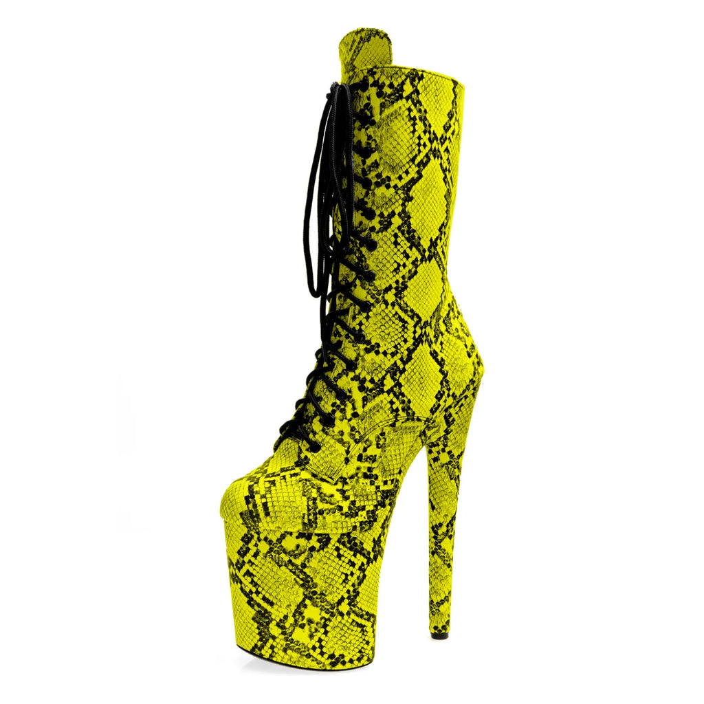8 Inch Snake Print Lace-Up Platform Pole Dance Mid-Calf Boots