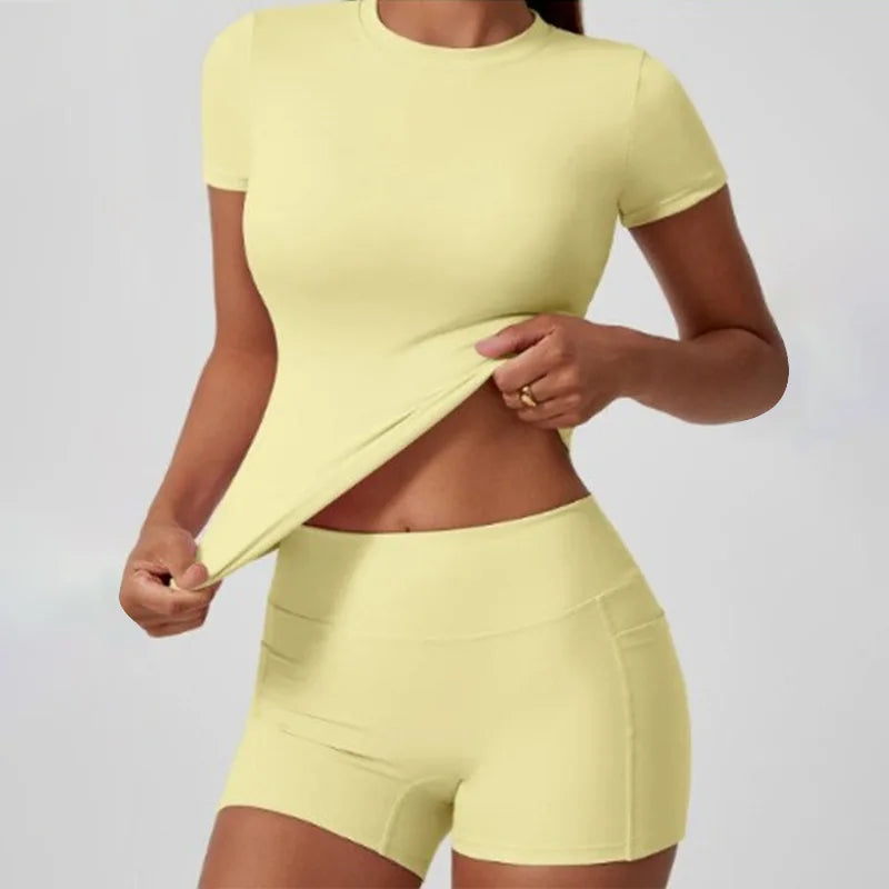 Fitted Short-Sleeve Top & Pocket Shorts Set