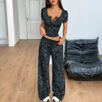 Wide Leg Pants Set with Short Sleeve Crop Top | Two-Piece Leisurewear