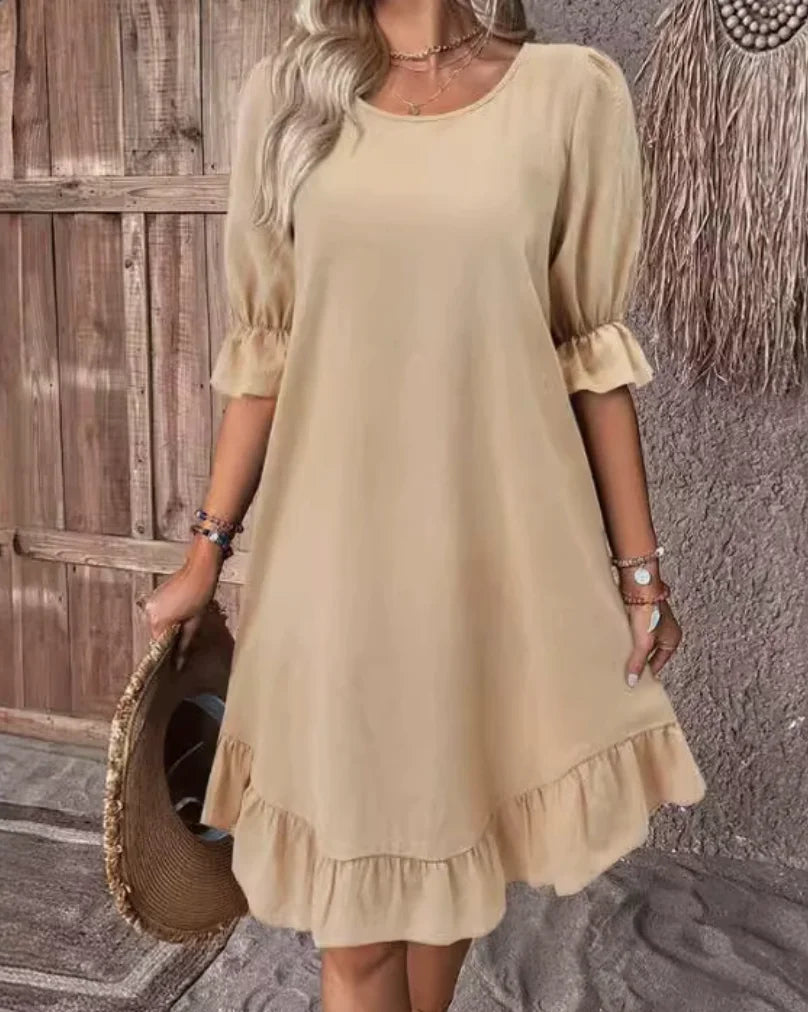 Boho Ruffle Hem Puff Sleeve Midi Dress