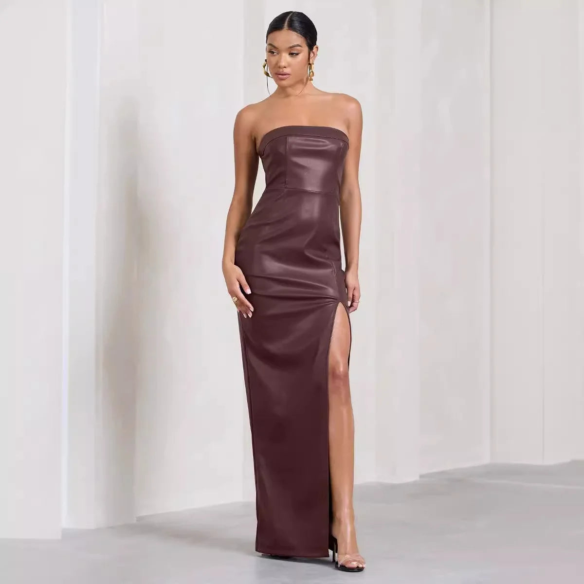 Vegan Leather Strapless Maxi Dress