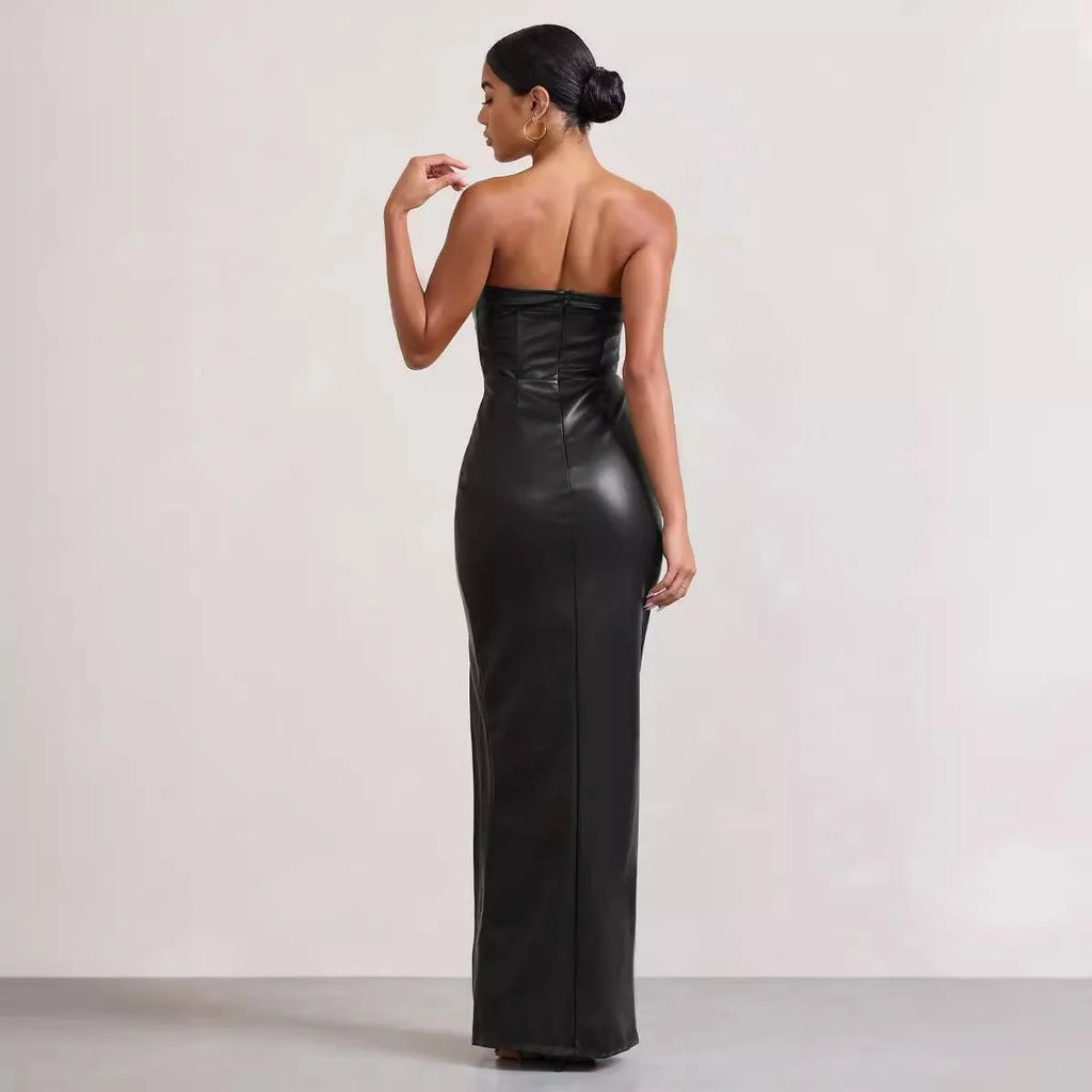 Vegan Leather Strapless Maxi Dress