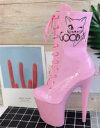 8 Inch Good Cat Graphic Patent Lace-Up Platform Pole Dance Boots