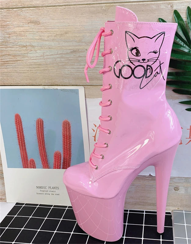 8 Inch Good Cat Graphic Patent Lace-Up Platform Pole Dance Boots