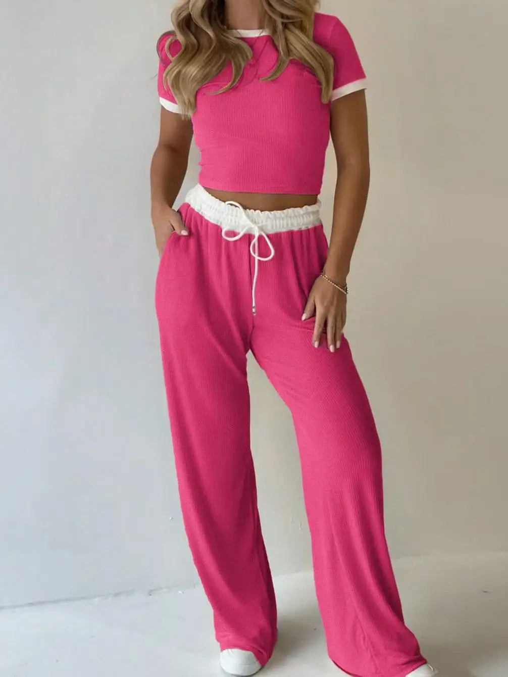 Contrast Trim Crop Top & Wide-Leg Pants Set