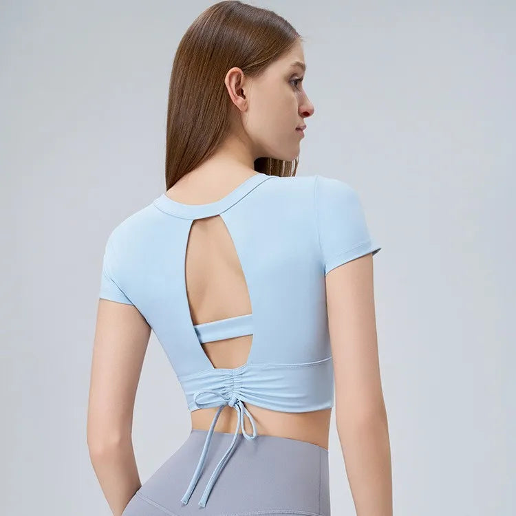 Women's Short-Sleeve Yoga Crop Top with Built-In Bra