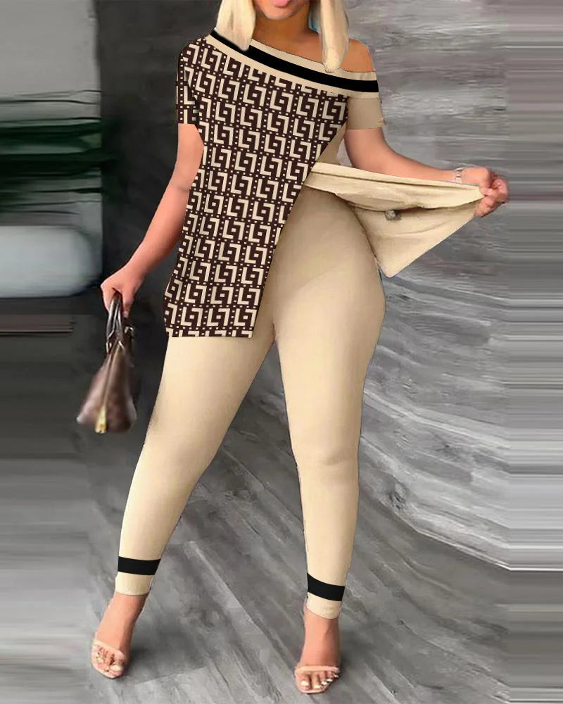 Graphic Print Off-Shoulder Top & Legging Set