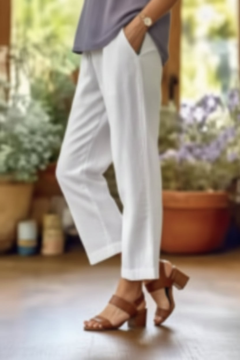 Cotton Linen Straight Leg Trousers with Pockets