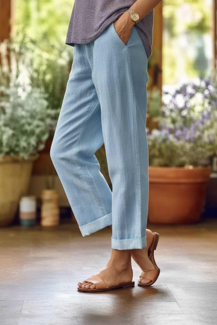 Cotton Linen Straight Leg Trousers with Pockets