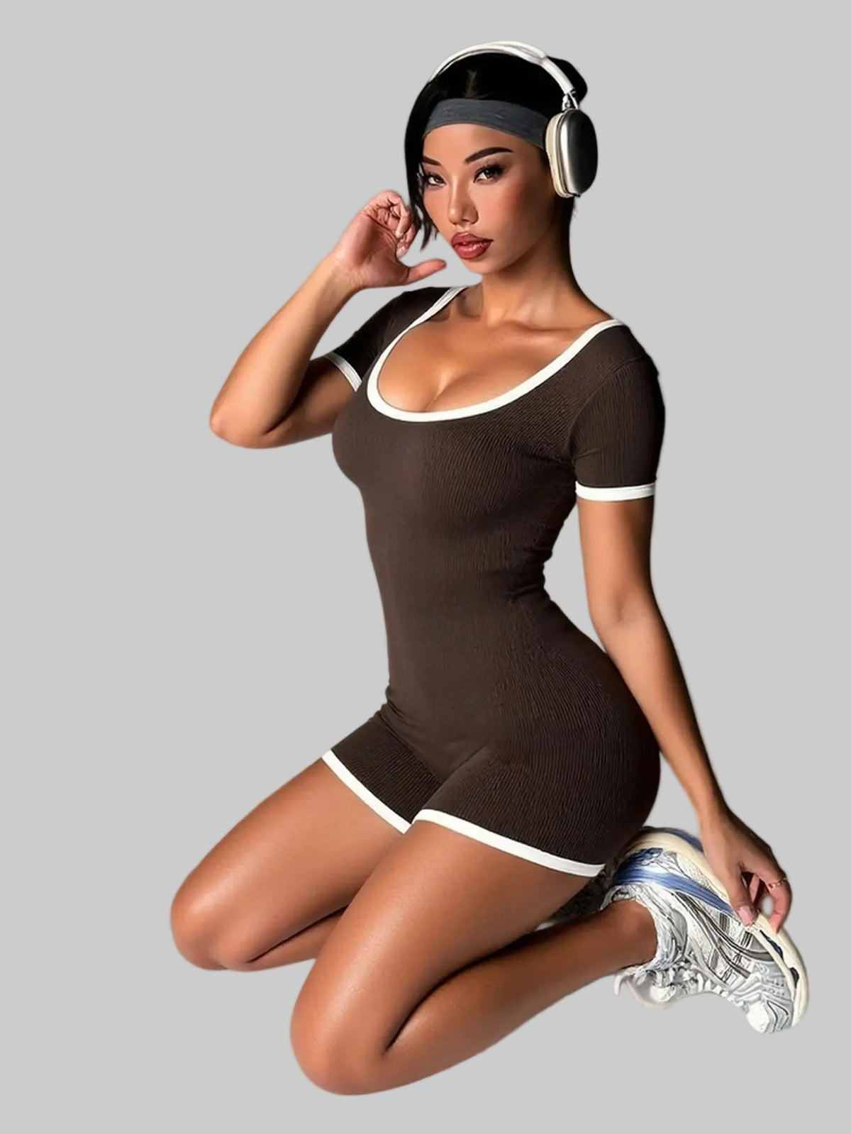 Ribbed Contrast Trim Workout Romper