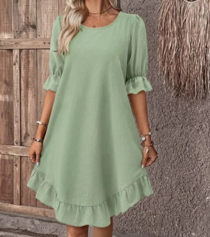 Boho Ruffle Hem Puff Sleeve Midi Dress