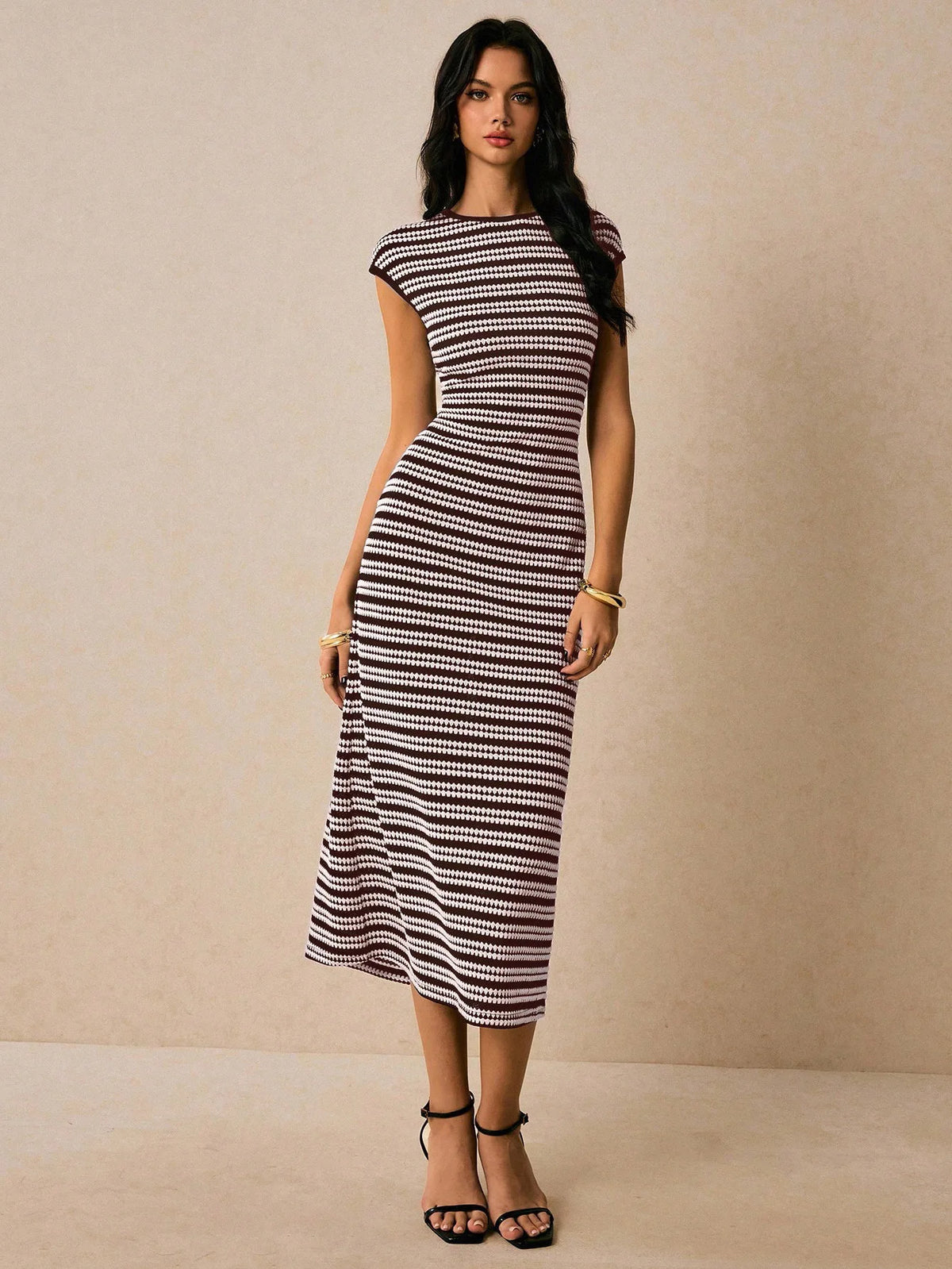 Striped Waist-Cinch Knitted Midi Dress