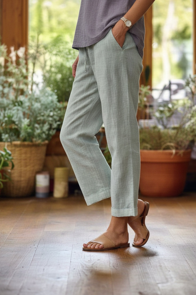 Cotton Linen Straight Leg Trousers with Pockets