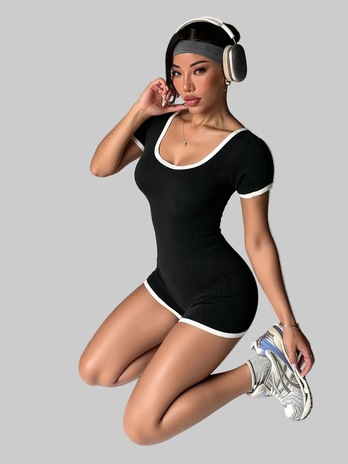 Ribbed Contrast Trim Workout Romper