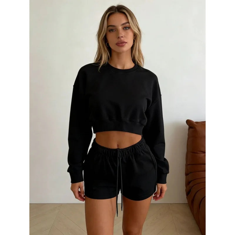 Cropped Sweatshirt & Shorts 2-Piece Set