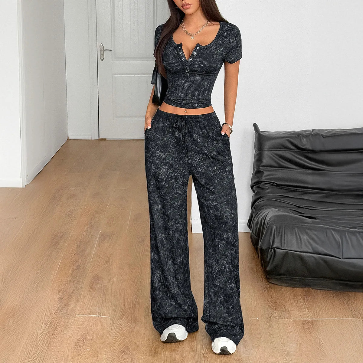 Wide Leg Pants Set with Short Sleeve Crop Top | Two-Piece Leisurewear