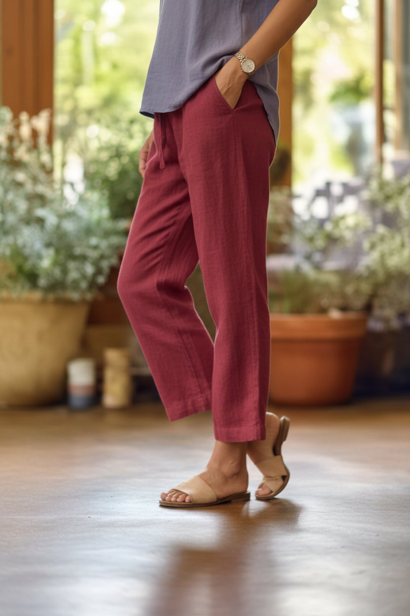 Cotton Linen Straight Leg Trousers with Pockets