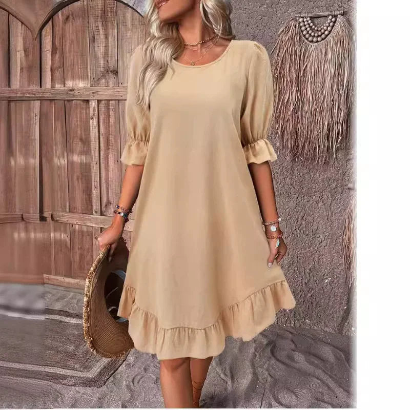 Boho Ruffle Hem Puff Sleeve Midi Dress