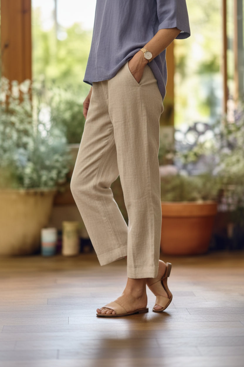Cotton Linen Straight Leg Trousers with Pockets