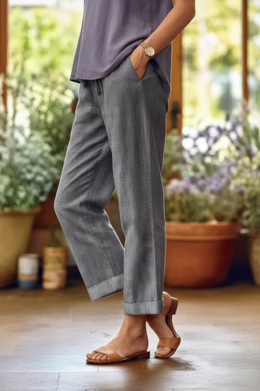 Cotton Linen Straight Leg Trousers with Pockets