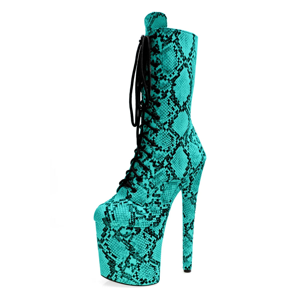 8 Inch Snake Print Lace-Up Platform Pole Dance Mid-Calf Boots