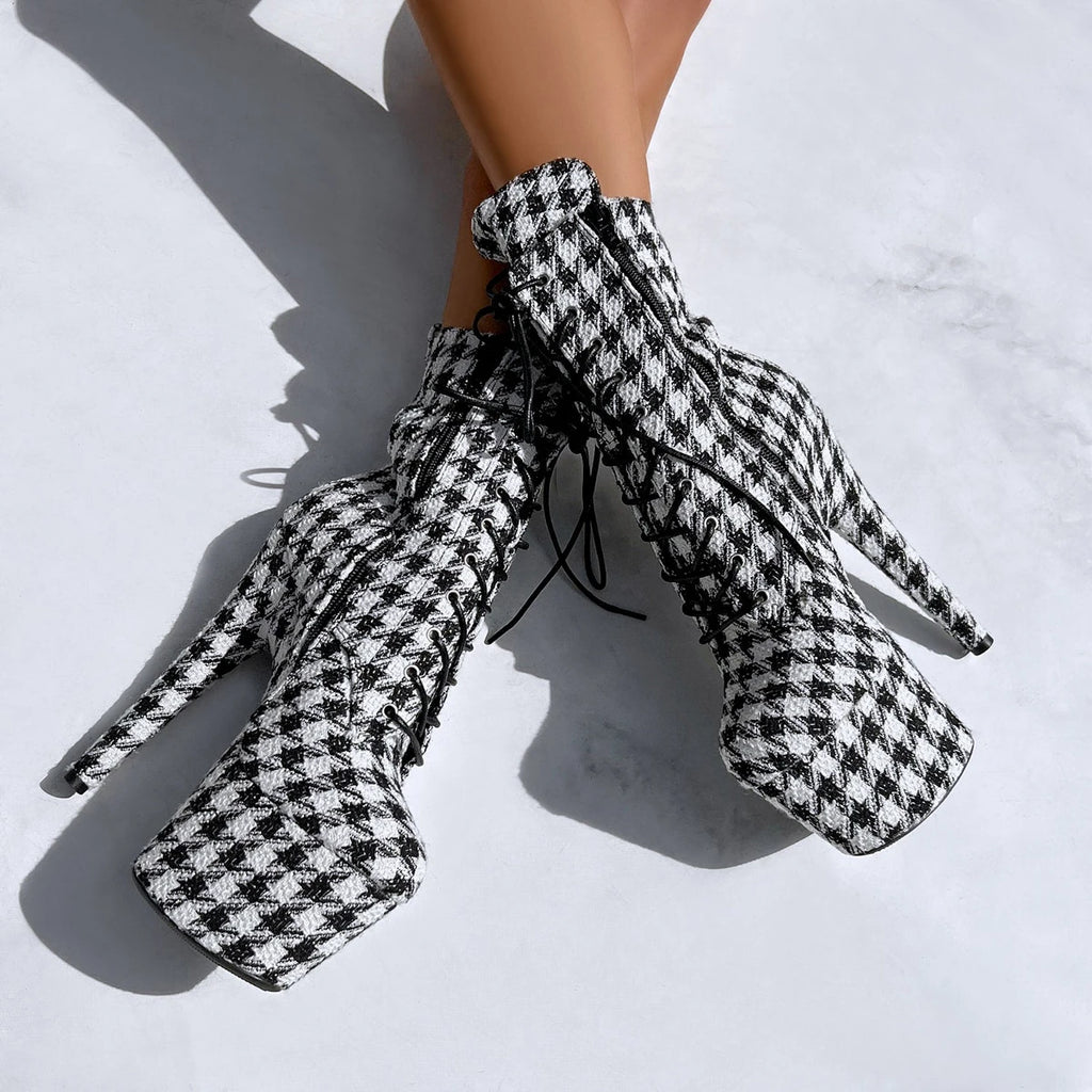 7 Inch Houndstooth Platform Ankle Boot Pole Dance Heels