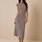 Striped Waist-Cinch Knitted Midi Dress