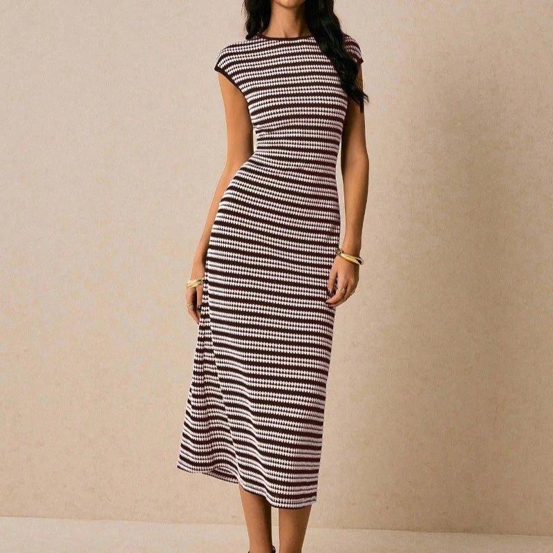 Striped Waist-Cinch Knitted Midi Dress