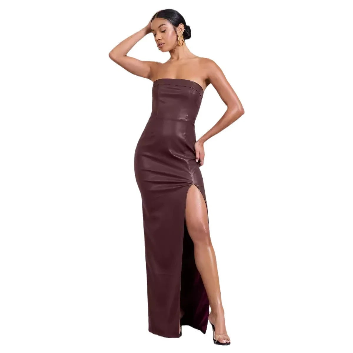 Vegan Leather Strapless Maxi Dress