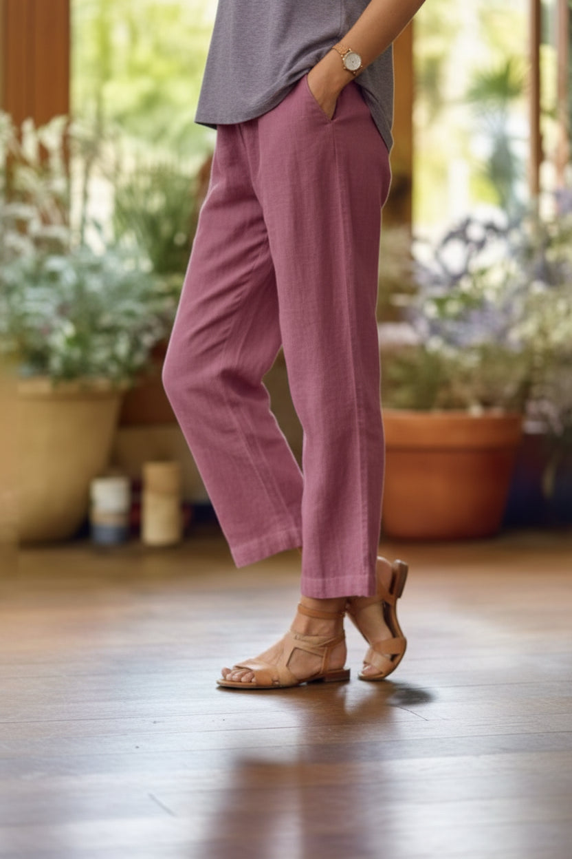 Cotton Linen Straight Leg Trousers with Pockets