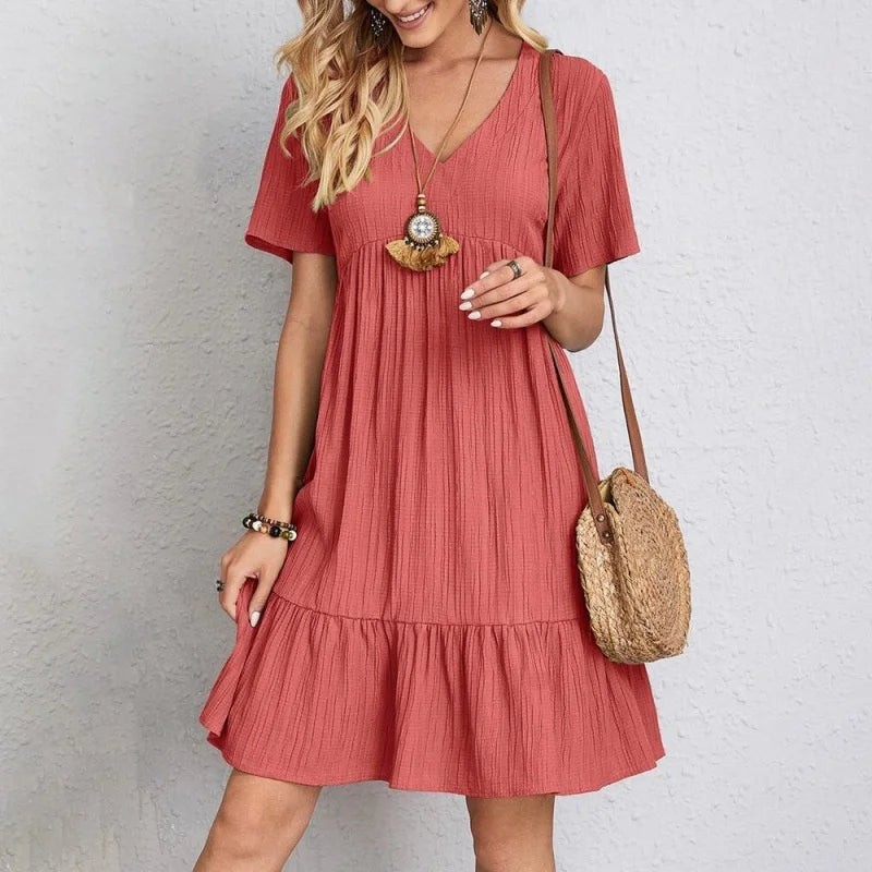 Boho V-Neck Crinkle Midi Dress