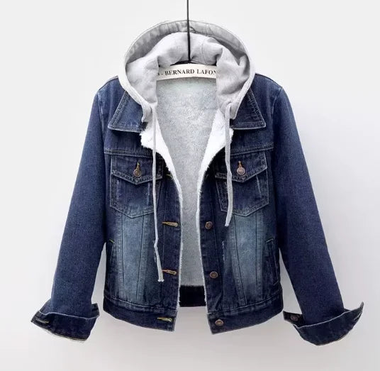 Fleece-Lined Denim Jacket with Hood – Women's Warm Casual Outerwear