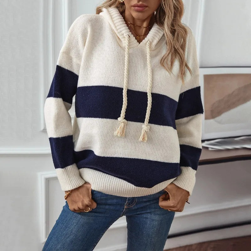 Colour-Block Striped Hooded Knit Sweater