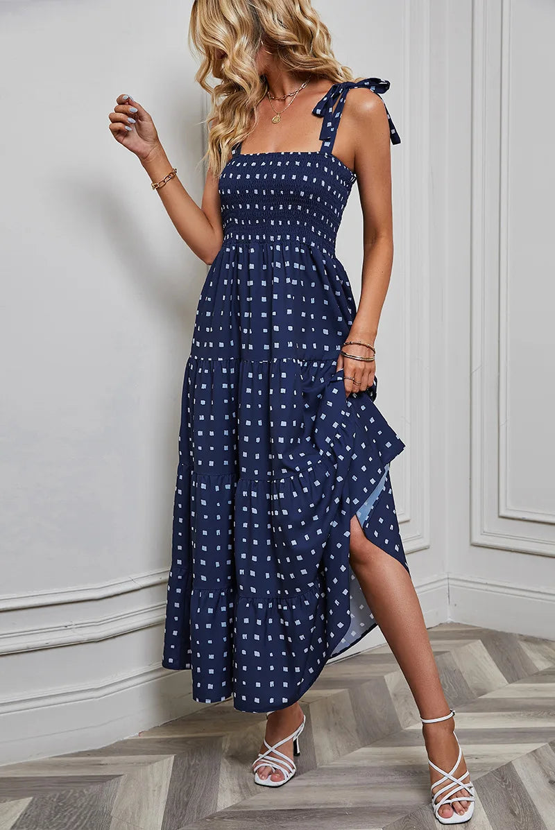 Smocked Tie-Strap Maxi Dress | Dot Print & Solid