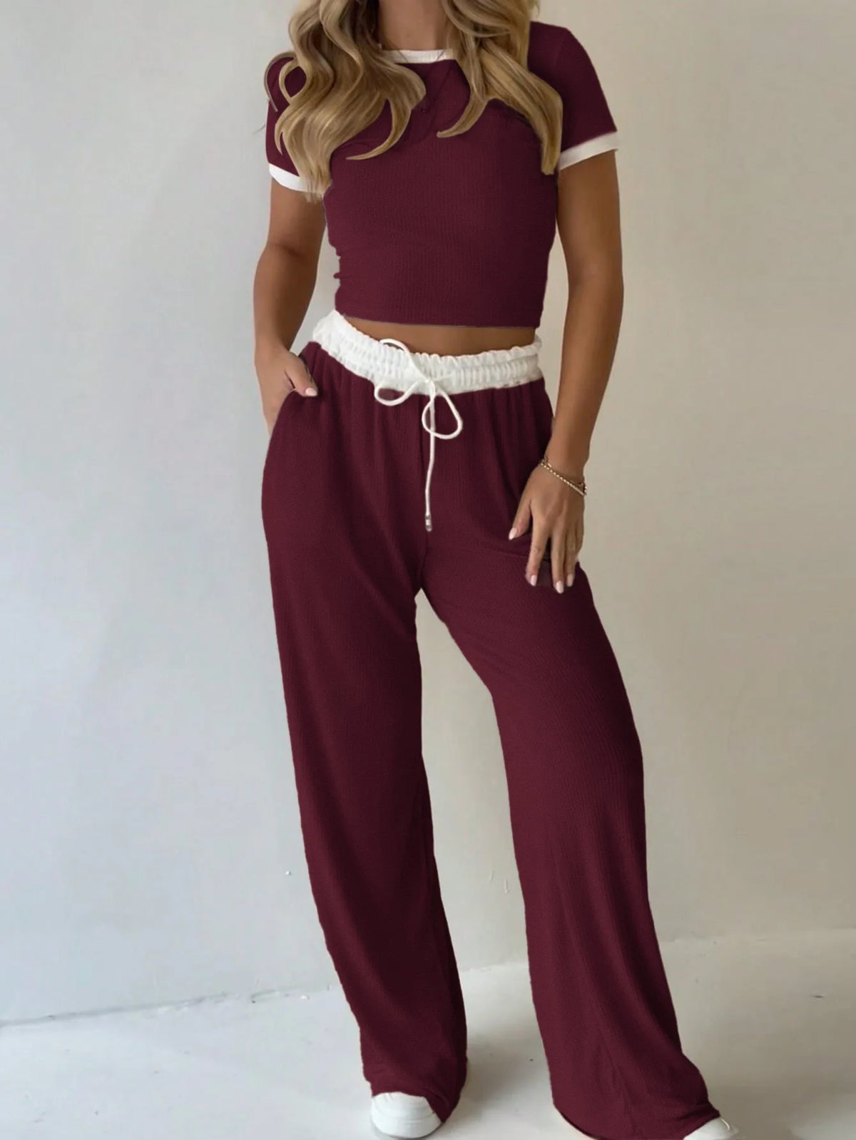 Contrast Trim Crop Top & Wide-Leg Pants Set