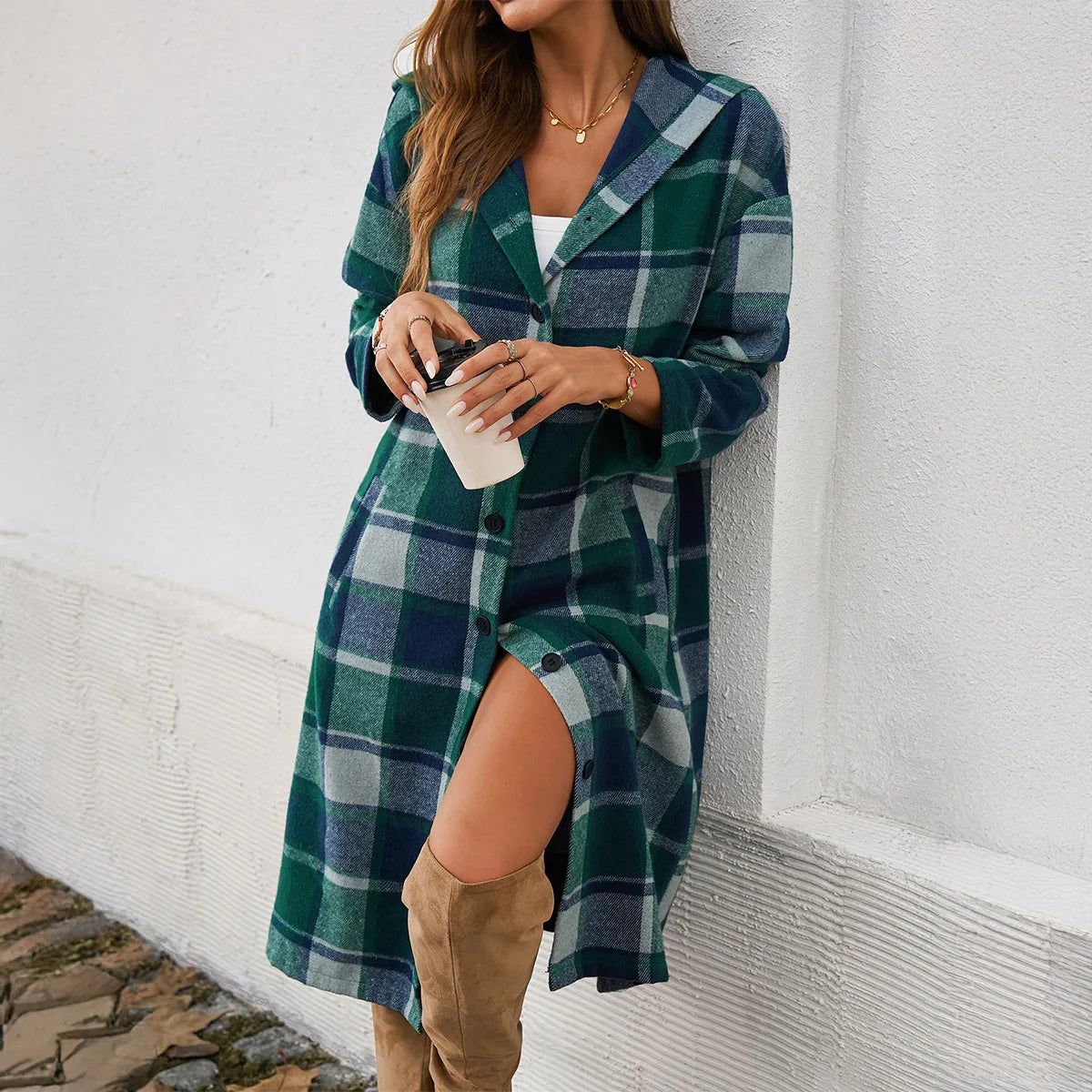 Plaid Hooded Longline Shacket