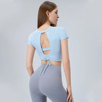 Women's Short-Sleeve Yoga Crop Top with Built-In Bra