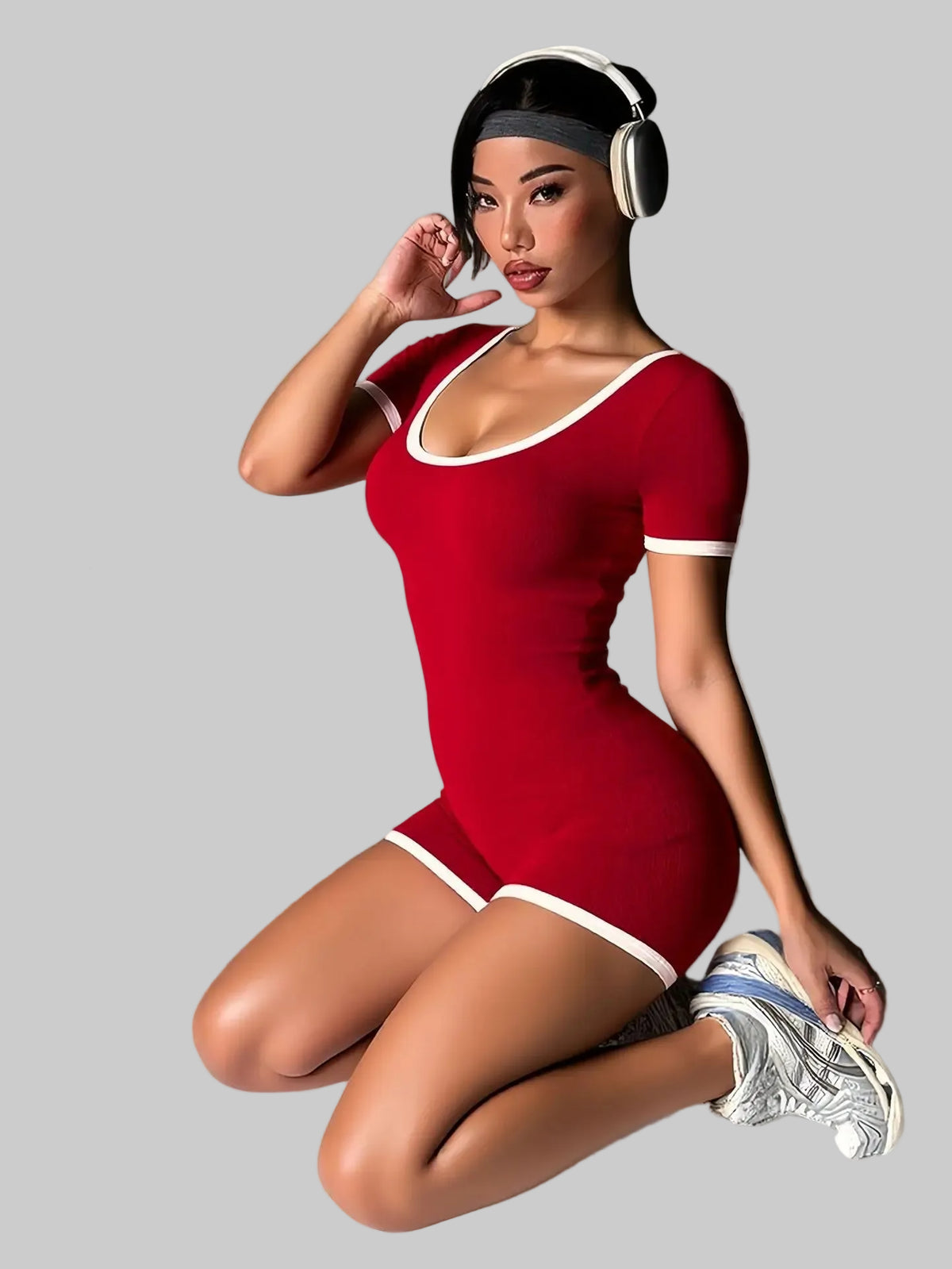 Ribbed Contrast Trim Workout Romper