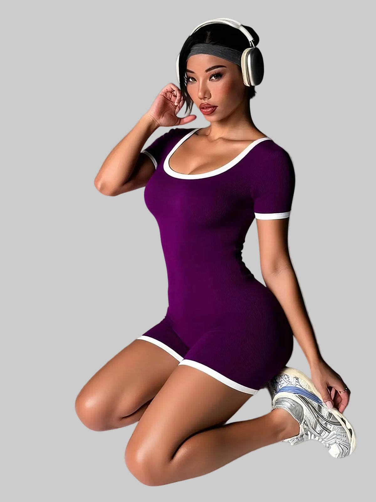 Ribbed Contrast Trim Workout Romper