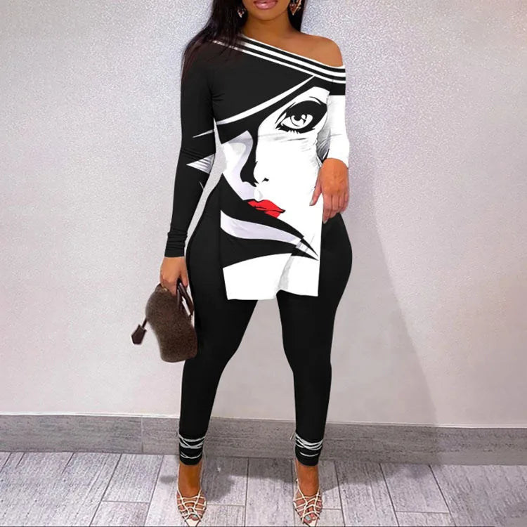 Graphic Print Long Sleeve Top & Legging Set