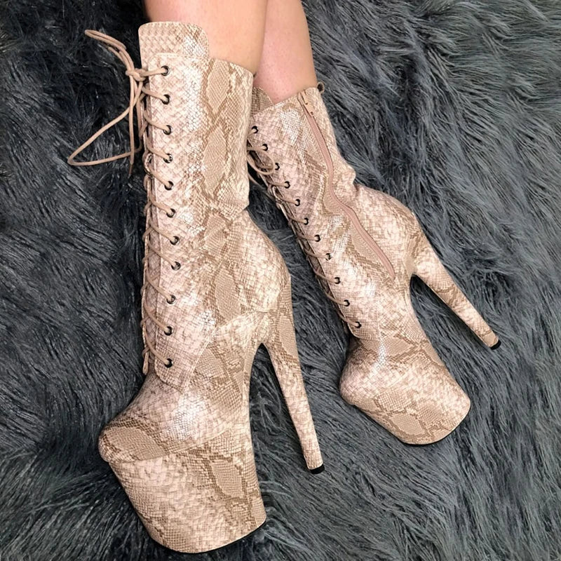 8 Inch Snake Print Lace-Up Platform Pole Dance Ankle Boots